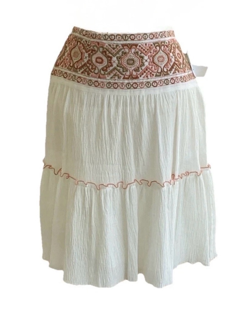 NWT Campaigne Skirt Cotton Tiered Aztec Embroidered 8 Boho Gauzy Romantic